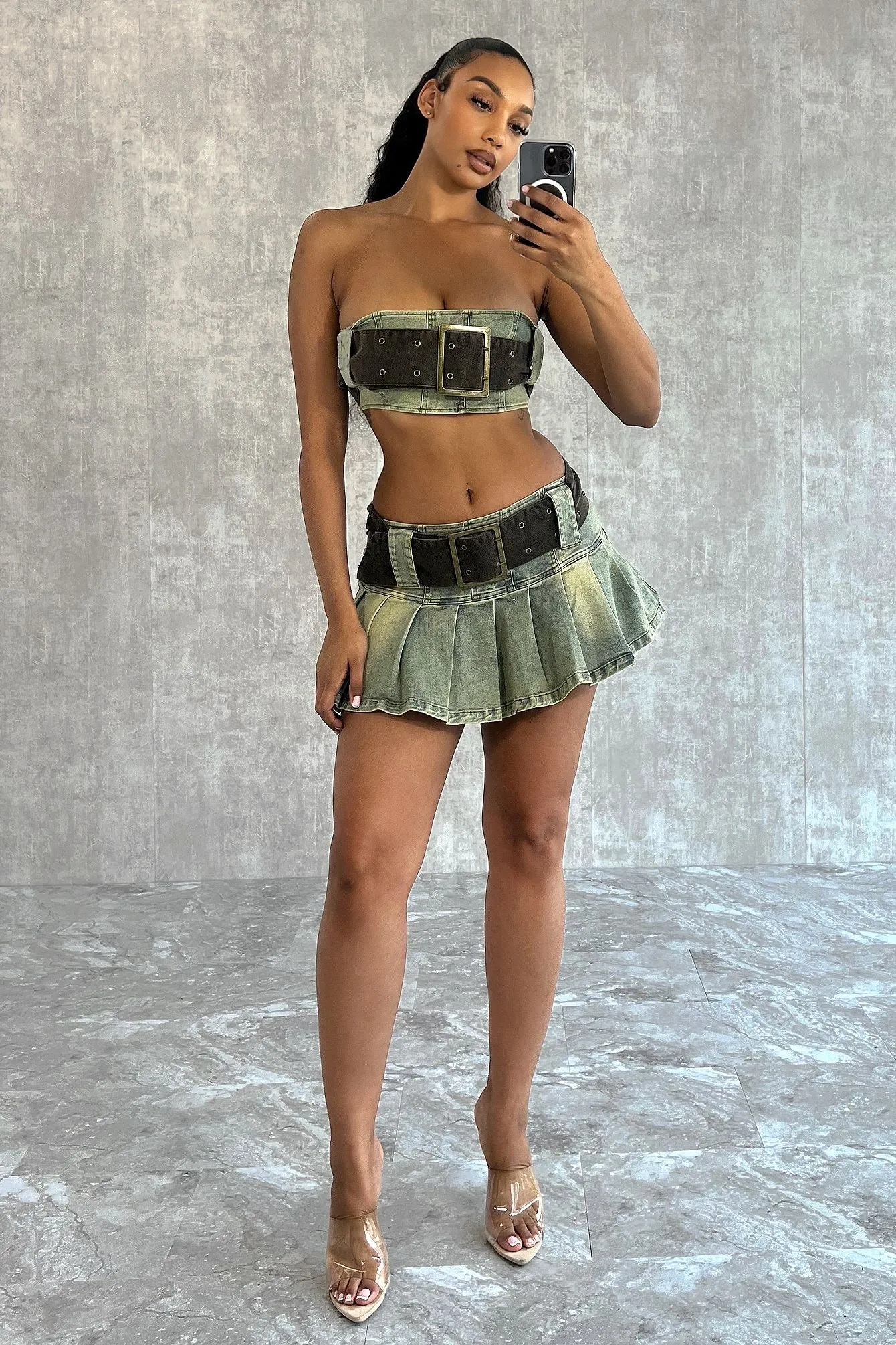 Vintage Chocolate Washed Denim Top & Skirt SET