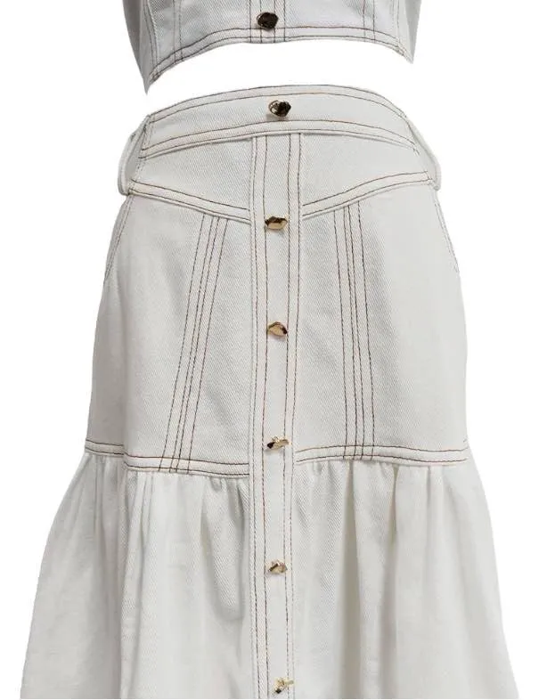 White Denim Cropped Top And Skirt Set