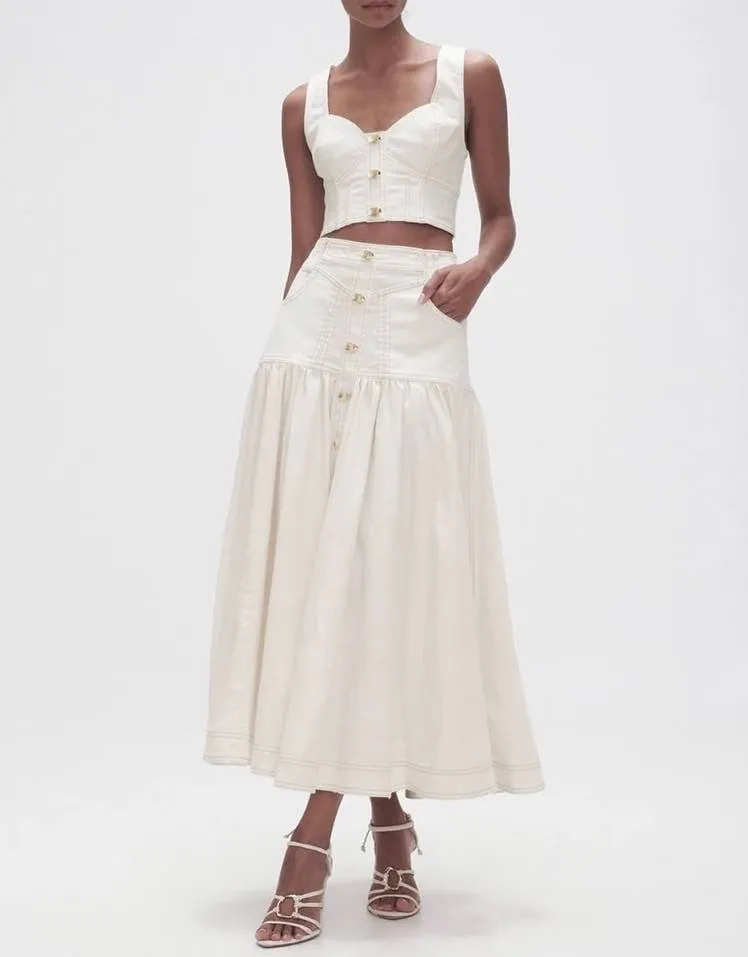 White Denim Cropped Top And Skirt Set