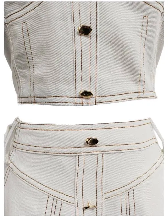 White Denim Cropped Top And Skirt Set