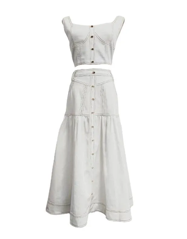 White Denim Cropped Top And Skirt Set